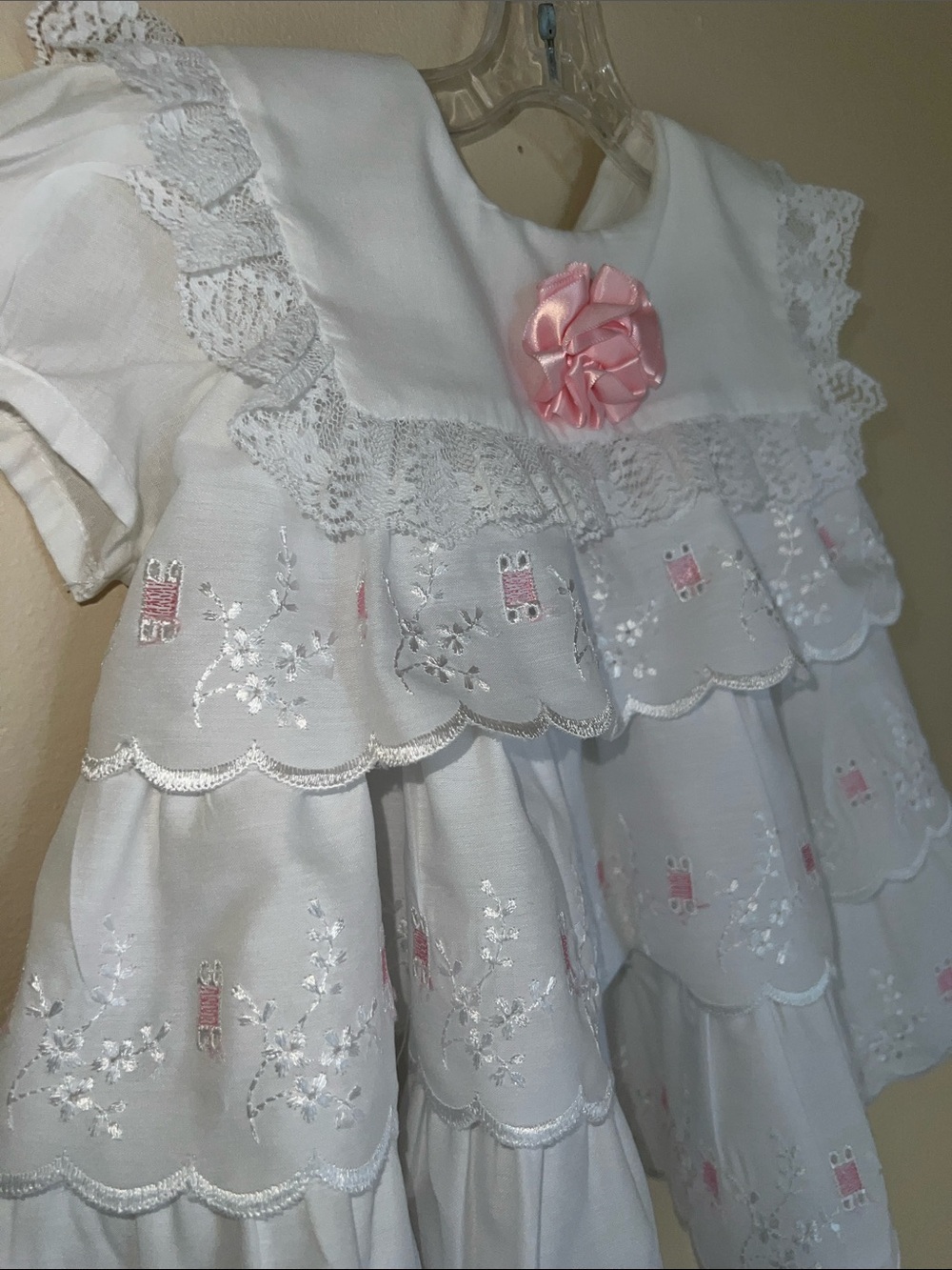 Vintage White Embroidered Tiered Baby Dress with Pink Rosette - Picture 3 of 6